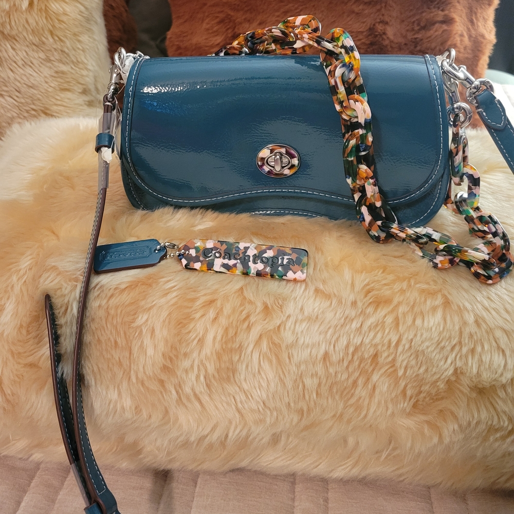 Coach Teal Patent Leather Shoulder Bag with Floral Chain Strap - Picture 5 of 5